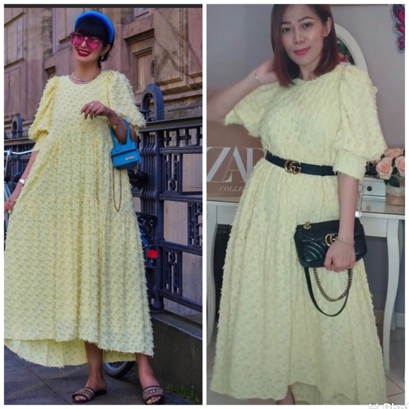 MIDI LOOSE-FITTING TEXTURED DRESS PUFF SLEEVES - Picture 2 of 11